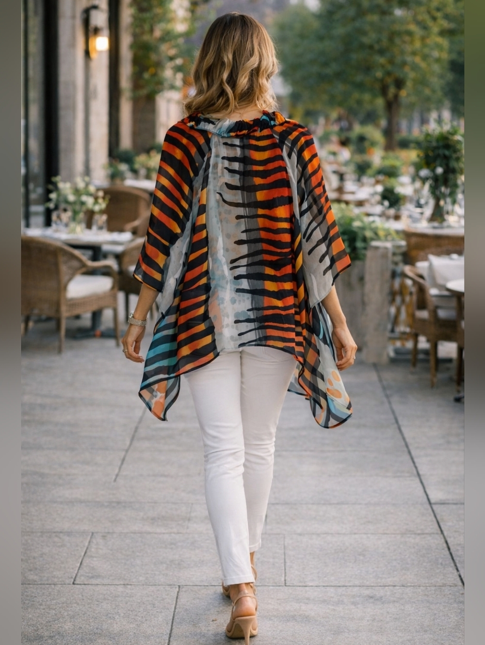 Sheer Button-Front Tunic Top in Blue & Orange Stripe - Picture 2 of 8